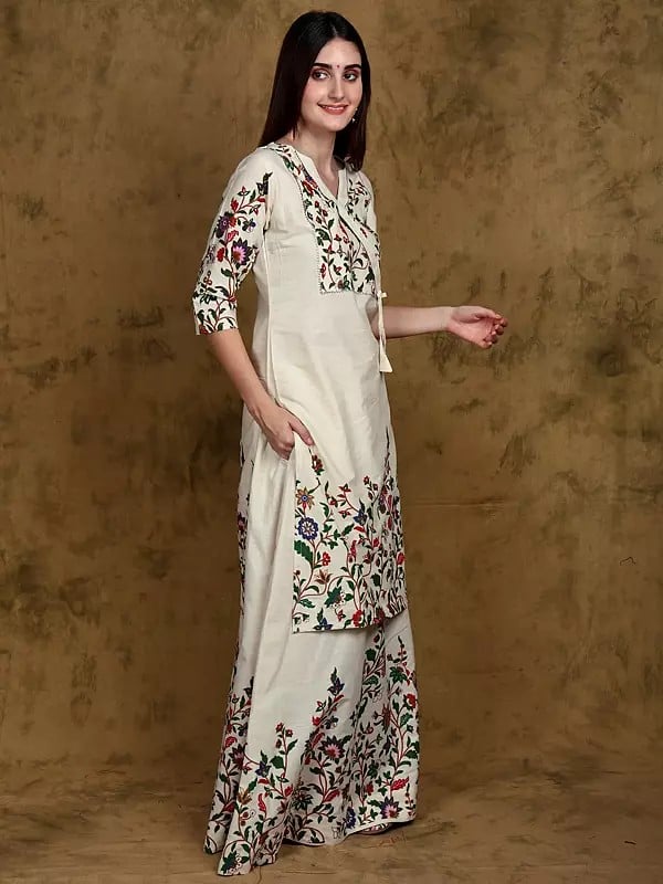 Exotic India Whisper-White Floral Printed Angrakha Style Straight Kurta And Skirt Set
