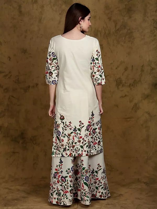 Exotic India Whisper-White Floral Printed Angrakha Style Straight Kurta And Skirt Set