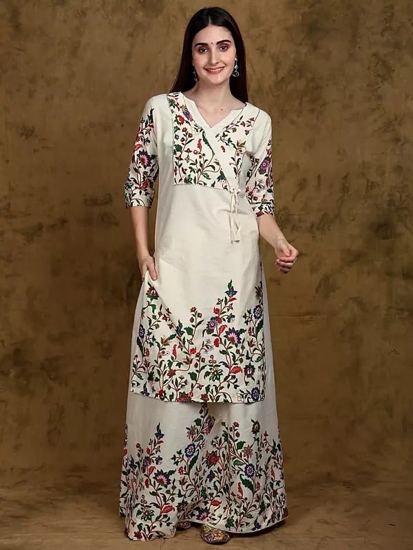 exotic india Whisper-White Floral Printed Angrakha Style Straight Kurta and Skirt Set 