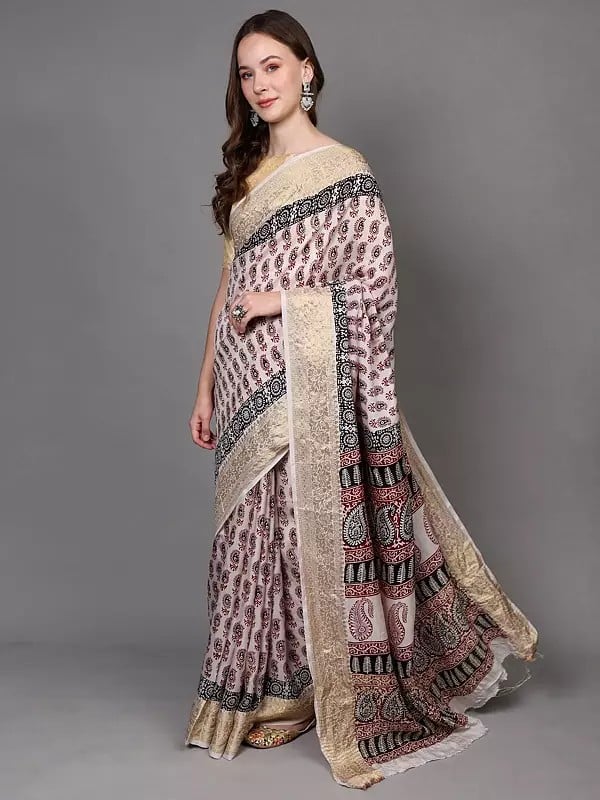 Exotic India White-Alyssum Floral Zari Border Saree With All-over Paisleys Print From Madhya Pradesh 