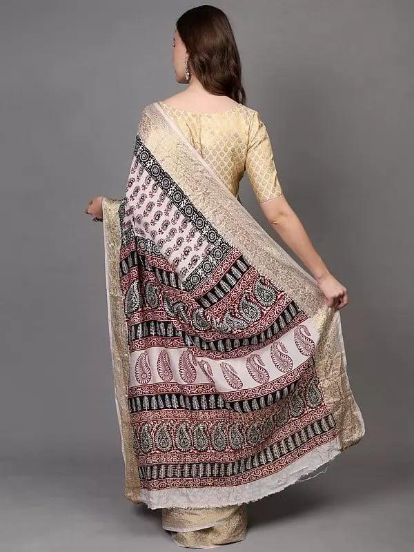 Exotic India White-Alyssum Floral Zari Border Saree With All-over Paisleys Print From Madhya Pradesh 