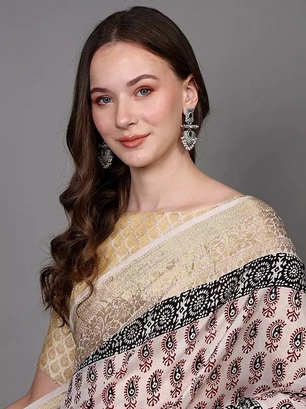 Exotic India White-Alyssum Floral Zari Border Saree With All-over Paisleys Print From Madhya Pradesh 