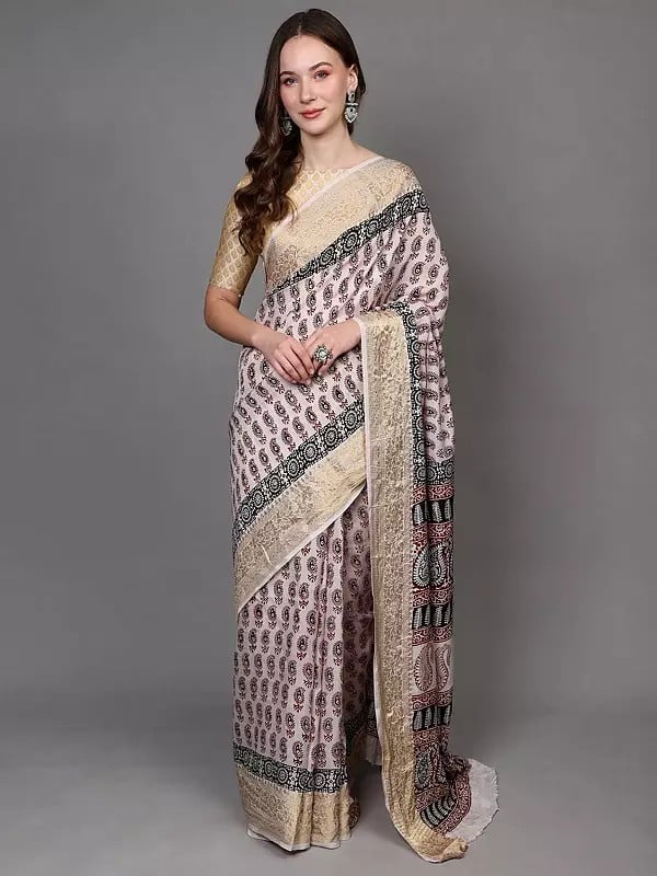 exotic india White-Alyssum Floral Zari Border Saree with All-over Paisleys Print from Madhya Pradesh 