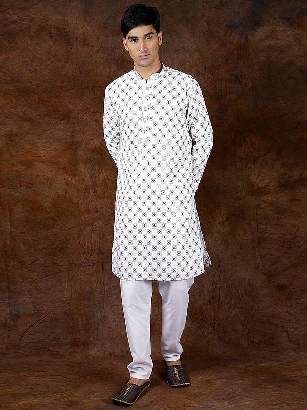 Exotic India White And Black Check Kurta Pajama With Sequins And Embroidery In Self 