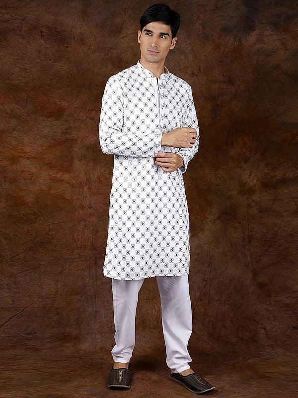 Exotic India White And Black Check Kurta Pajama With Sequins And Embroidery In Self 