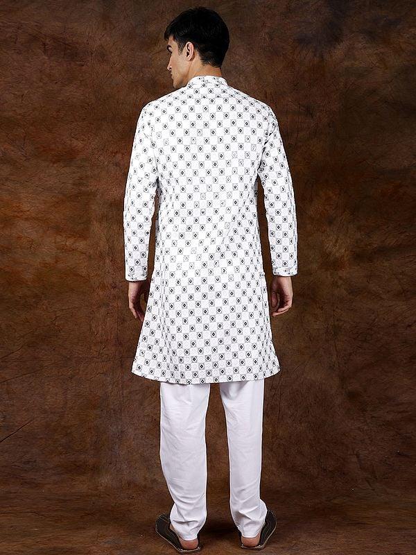 Exotic India White And Black Check Kurta Pajama With Sequins And Embroidery In Self 