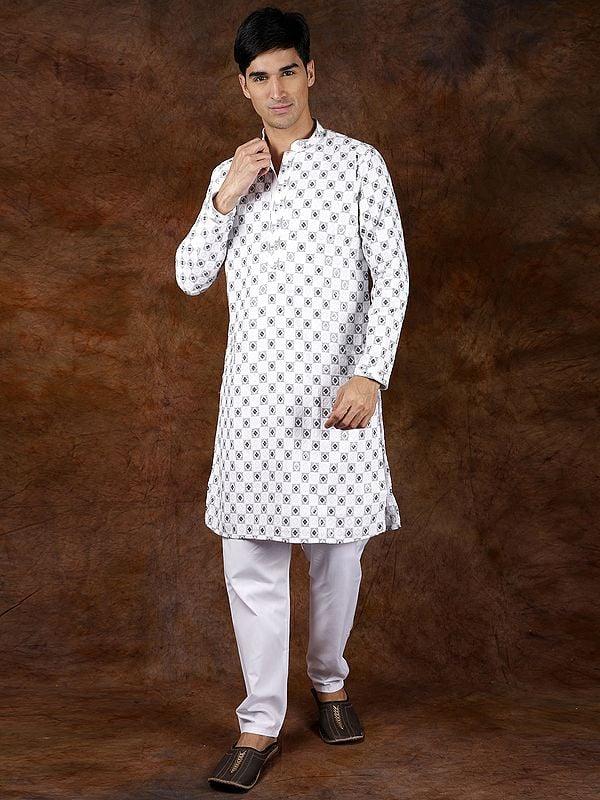 exotic india White and Black Check Kurta Pajama with Sequins and Embroidery in Self 