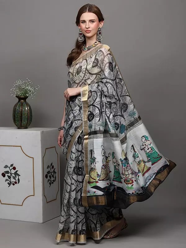 Exotic India White And Black Digital-Printed Saree From Purvanchal With Krishna And Gopis On Aanchal 