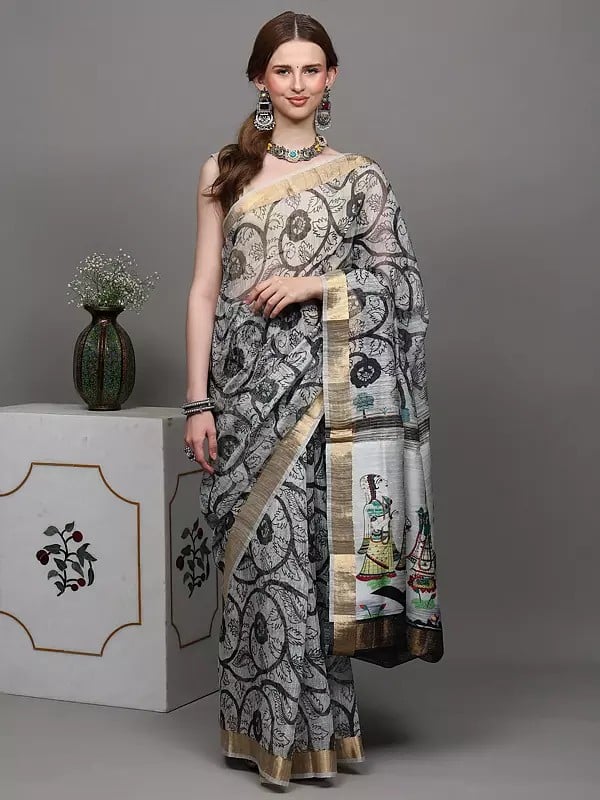 Exotic India White And Black Digital-Printed Saree From Purvanchal With Krishna And Gopis On Aanchal 