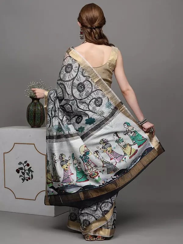 Exotic India White And Black Digital-Printed Saree From Purvanchal With Krishna And Gopis On Aanchal 