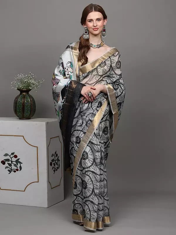 exotic india White and Black Digital-Printed Saree from Purvanchal with Krishna and Gopis on Aanchal 