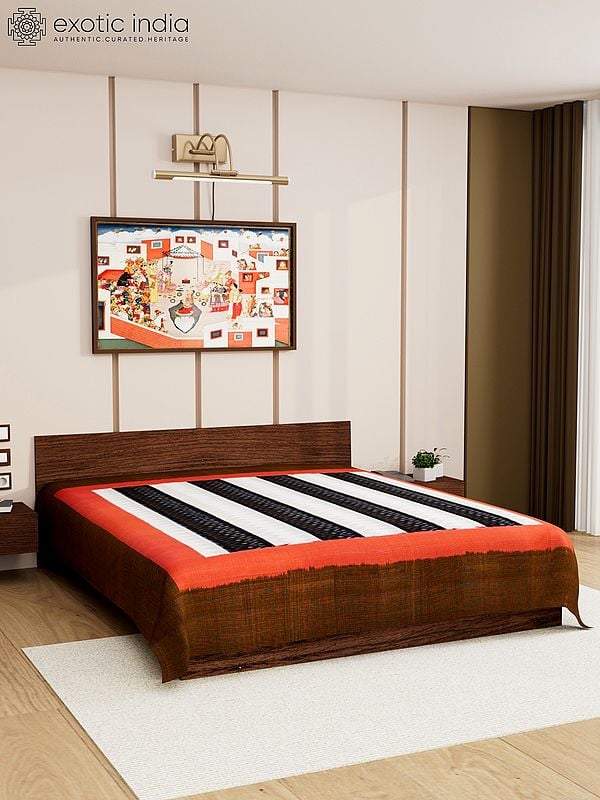 Exotic India White And Black Pure Cotton Handloom Queen Size Bedspread From Puchampally With All-over Ikat Weave