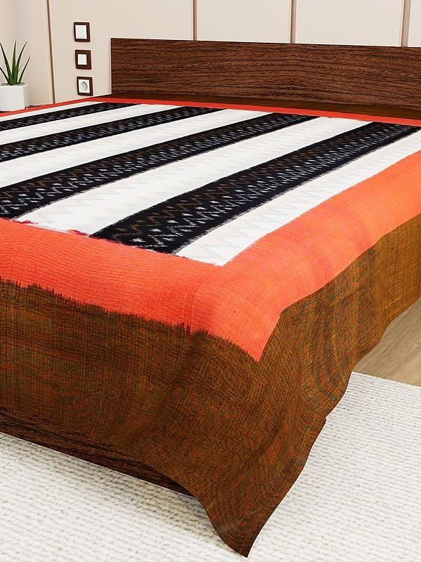 Exotic India White And Black Pure Cotton Handloom Queen Size Bedspread From Puchampally With All-over Ikat Weave