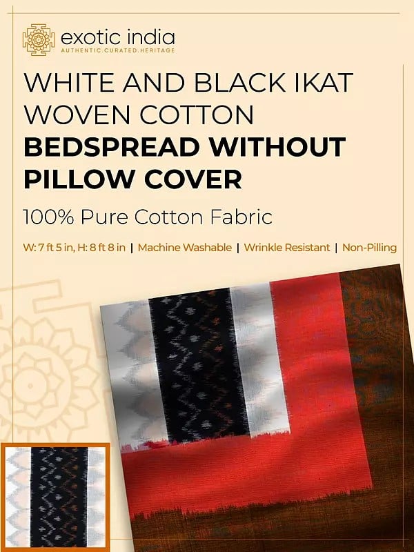 Exotic India White And Black Pure Cotton Handloom Queen Size Bedspread From Puchampally With All-over Ikat Weave