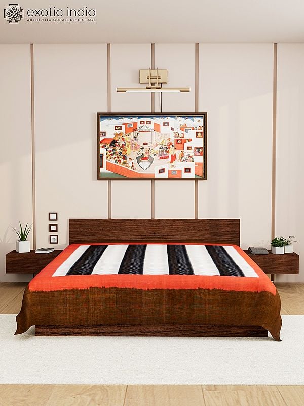 exotic india White and Black Pure Cotton Handloom Queen Size Bedspread from Puchampally with All-over Ikat Weave 