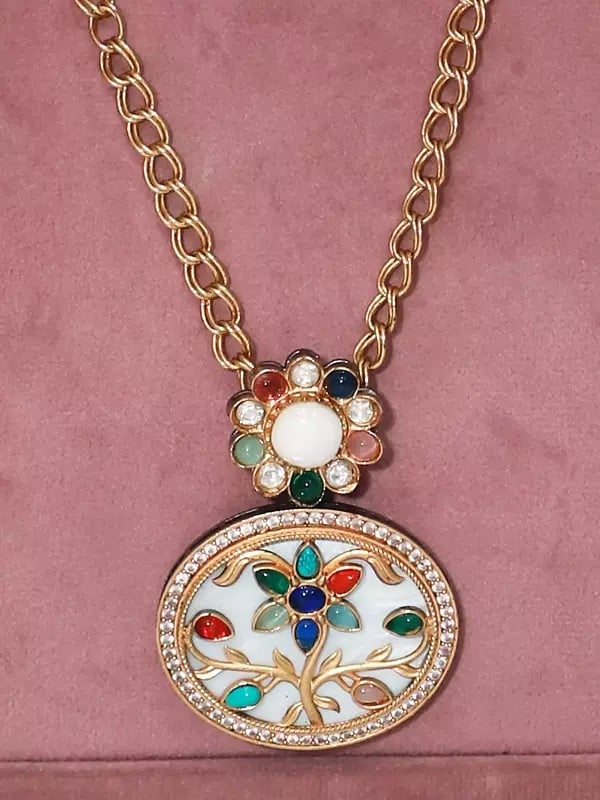 Exotic India White And Multicolor MOP Round Shaped Jewelry Set With Earrings