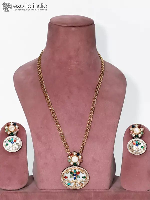 exotic india White And Multicolor MOP Round Shaped Jewelry Set With Earrings 