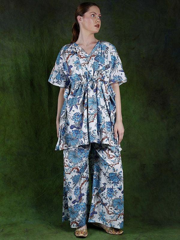 Exotic India White & Blue Kaftan Style Co-Ord Set With Printed Birds And Flowers 