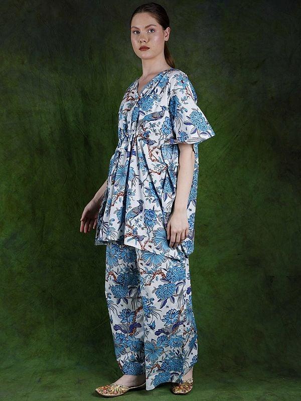 Exotic India White & Blue Kaftan Style Co-Ord Set With Printed Birds And Flowers 