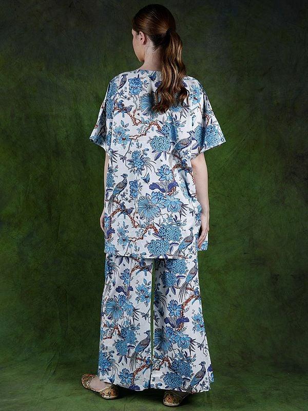 Exotic India White & Blue Kaftan Style Co-Ord Set With Printed Birds And Flowers 