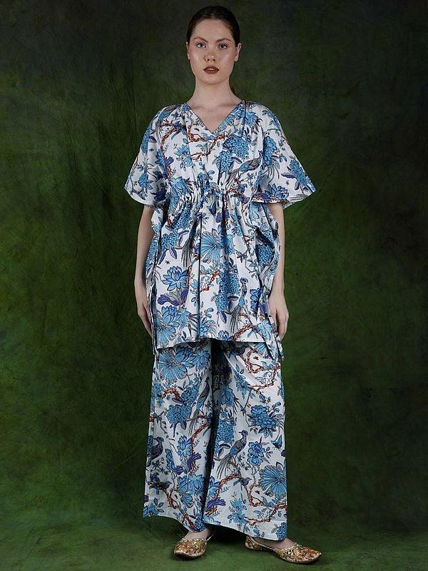 exotic india White & Blue Kaftan Style Co-Ord Set with Printed Birds and Flowers 