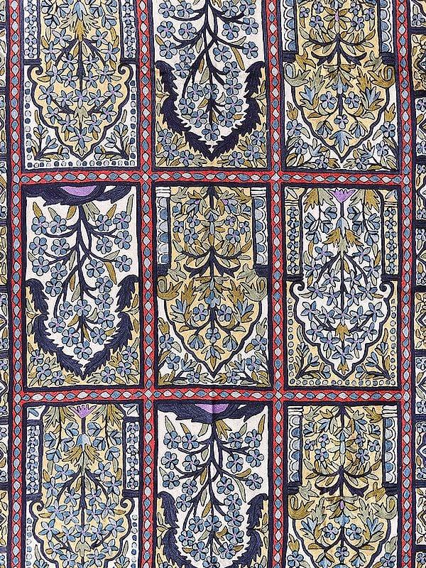 Exotic India White & Blue Mughal Motifs Chainstitch Asana Carpet From Kashmir And Tassels 