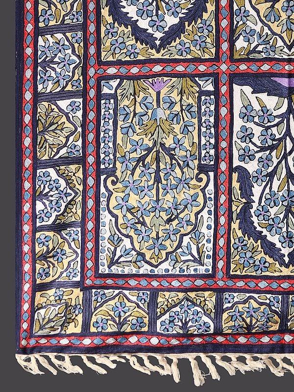 Exotic India White & Blue Mughal Motifs Chainstitch Asana Carpet From Kashmir And Tassels 
