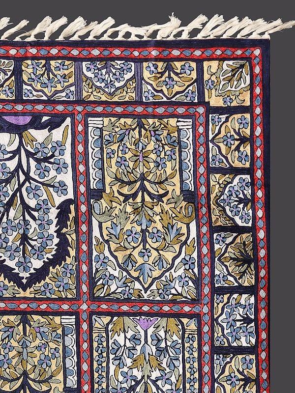 Exotic India White & Blue Mughal Motifs Chainstitch Asana Carpet From Kashmir And Tassels 