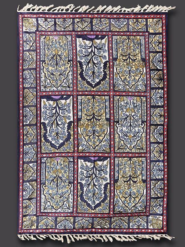 exotic india White & Blue Mughal Motifs Chainstitch Asana Carpet from Kashmir and Tassels 