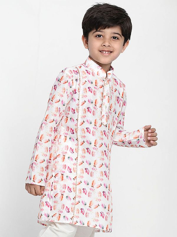 Exotic India White Cotton Blend Digital Floral Print Kurta With Princess Line Detailing And Embellished Border 