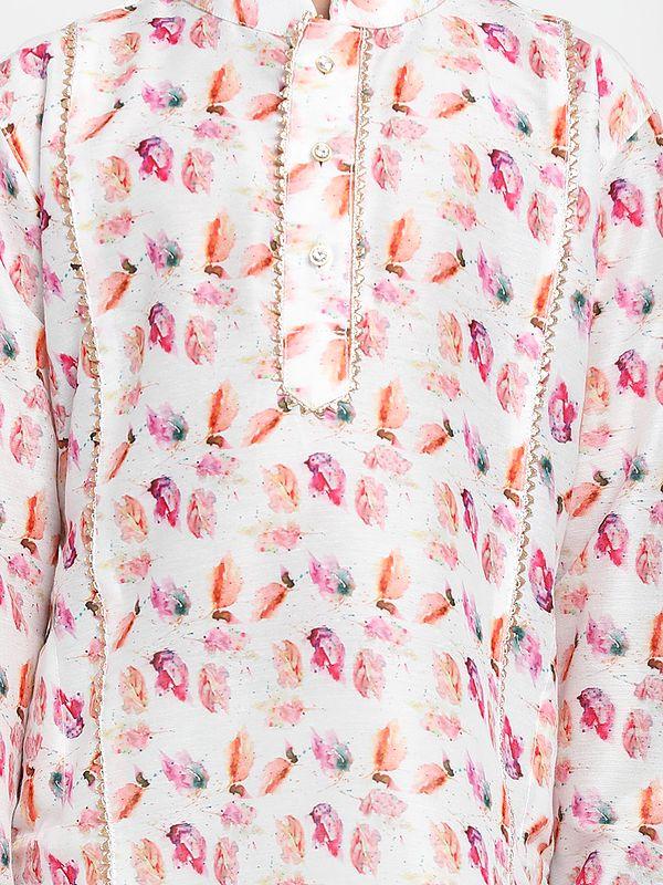 Exotic India White Cotton Blend Digital Floral Print Kurta With Princess Line Detailing And Embellished Border 
