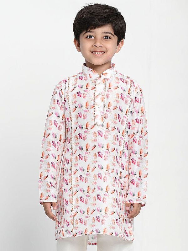 exotic india White Cotton Blend Digital Floral Print Kurta with Princess Line Detailing and Embellished Border 