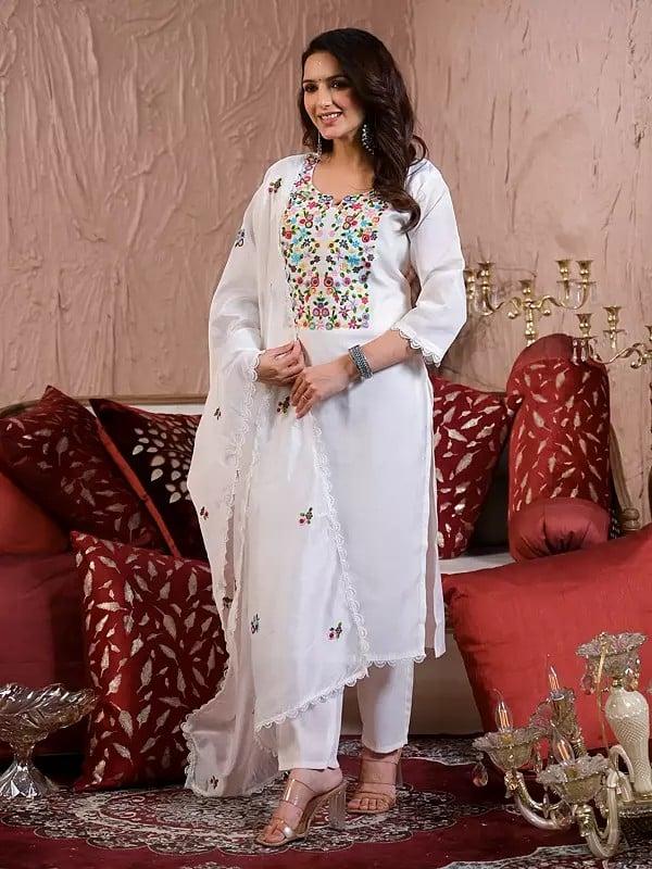 Exotic India White Floral Embroidered Elegant Festive Wear Chanderi Silk Kurta Set With Matching Dupatta