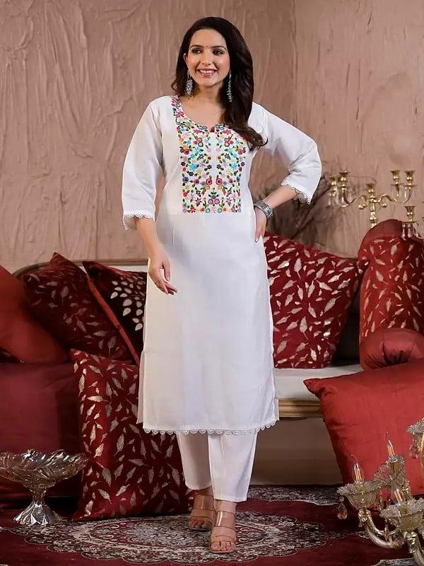 Exotic India White Floral Embroidered Elegant Festive Wear Chanderi Silk Kurta Set With Matching Dupatta