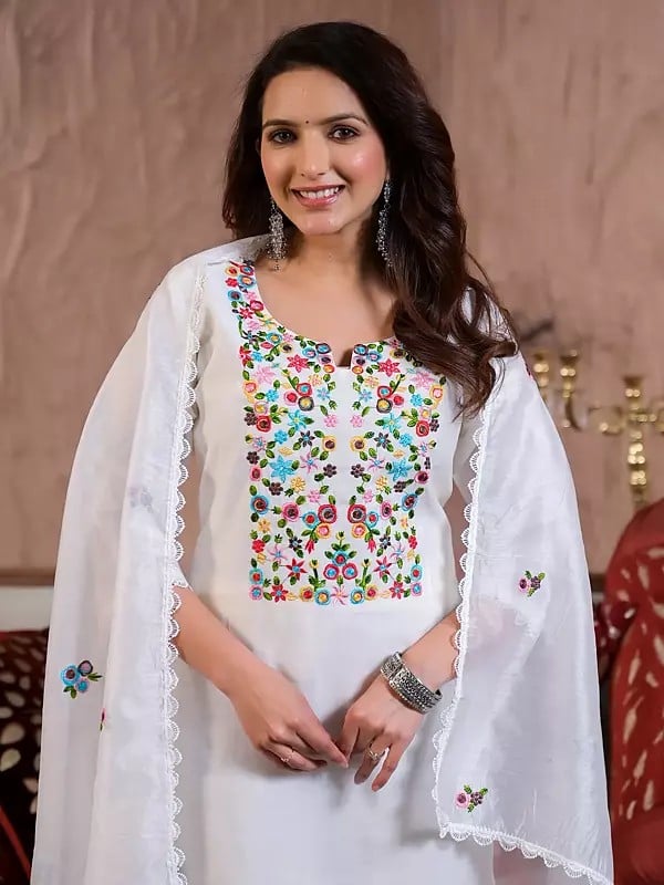 Exotic India White Floral Embroidered Elegant Festive Wear Chanderi Silk Kurta Set With Matching Dupatta