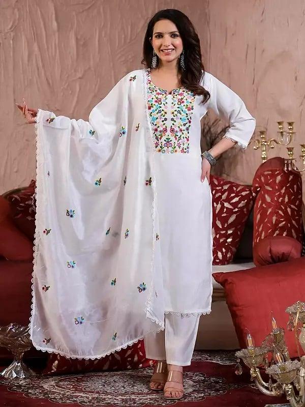 exotic india White Floral Embroidered Elegant Festive Wear Chanderi Silk Kurta Set With Matching Dupatta
