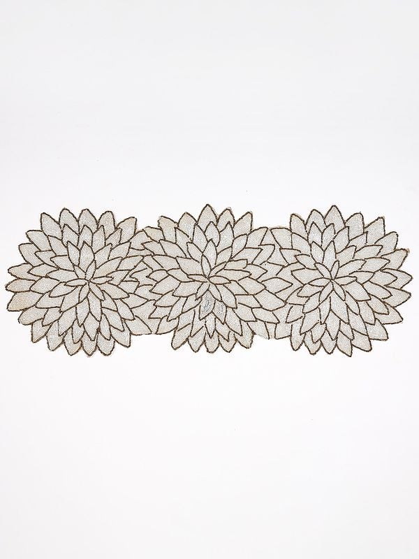 exotic india White-Gold Glass Beads work Designer Table Runner 