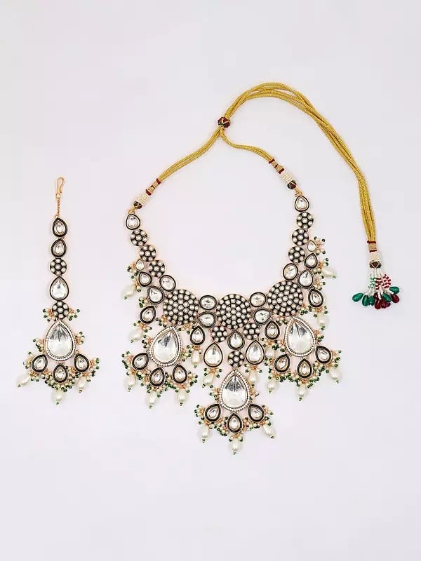 Exotic India White Kundan And Cluster Beads Necklace Set With Earrings And Mangtika