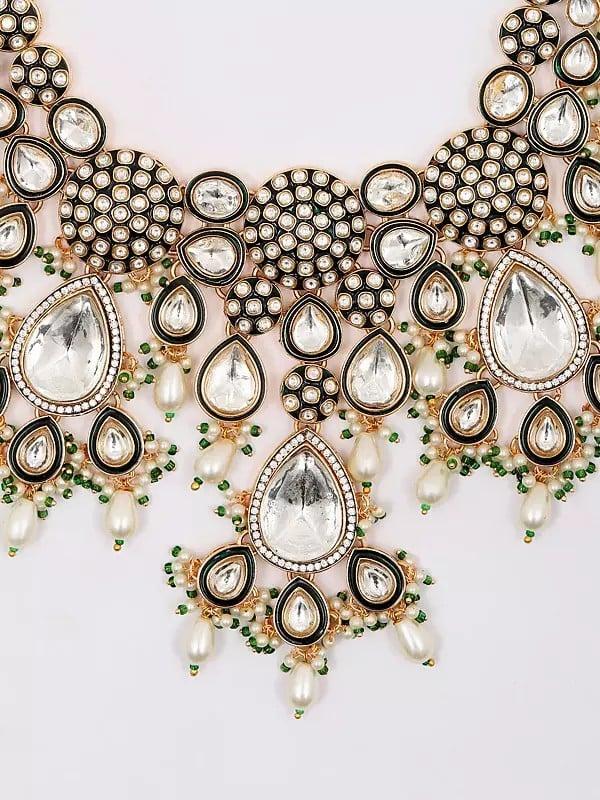 Exotic India White Kundan And Cluster Beads Necklace Set With Earrings And Mangtika