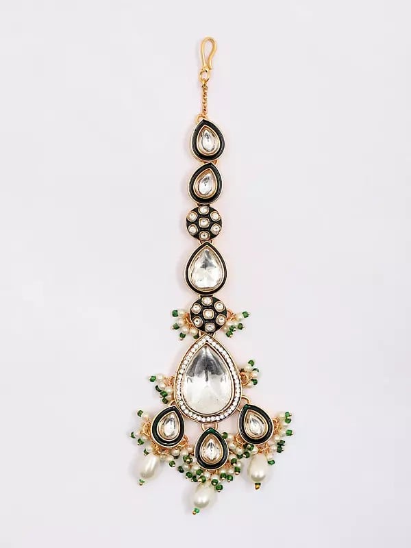 Exotic India White Kundan And Cluster Beads Necklace Set With Earrings And Mangtika