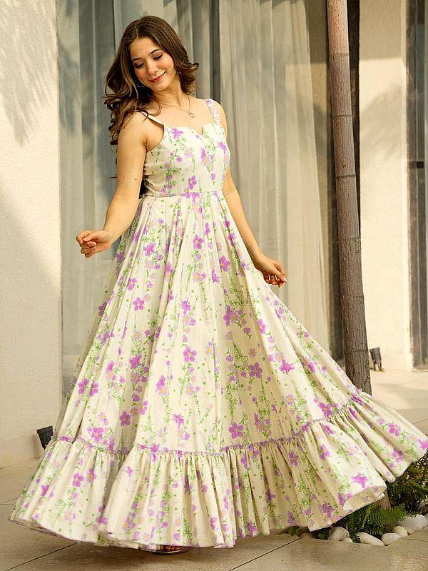 Exotic India White-Rock Stunning Floral Print Flared Heavy Rayon Casual Wear Long Gown