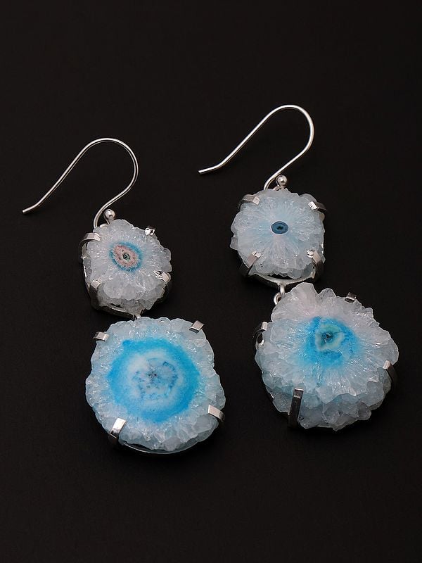Exotic India White Solar Druzy And Blue Solar Druzy Dangle Earrings 