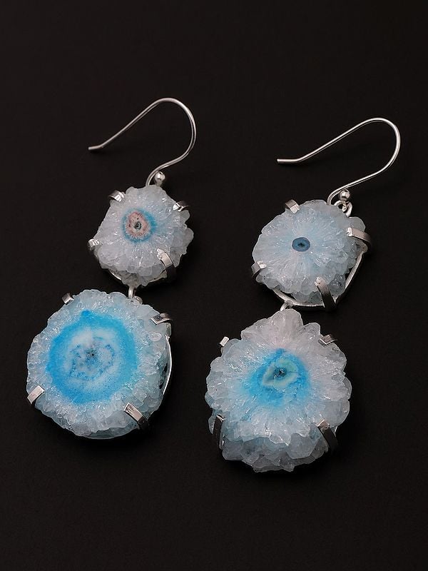 Exotic India White Solar Druzy And Blue Solar Druzy Dangle Earrings 