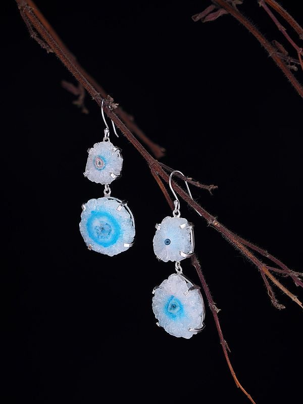 Exotic India White Solar Druzy And Blue Solar Druzy Dangle Earrings 