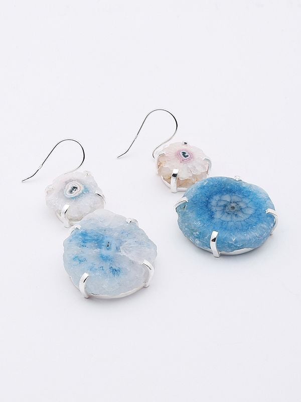 Exotic India White Solar Druzy And Blue Solar Druzy Dangle Earrings