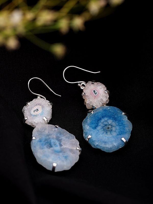 Exotic India White Solar Druzy And Blue Solar Druzy Dangle Earrings