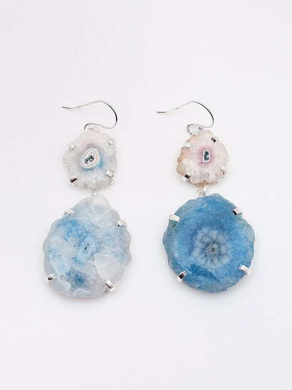 exotic india White Solar Druzy and Blue Solar Druzy Dangle Earrings