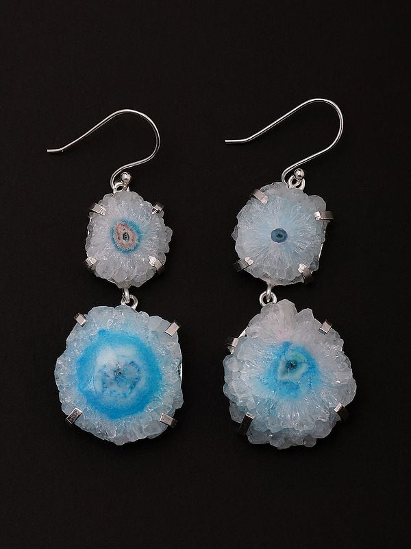 exotic india White Solar Druzy and Blue Solar Druzy Dangle Earrings 