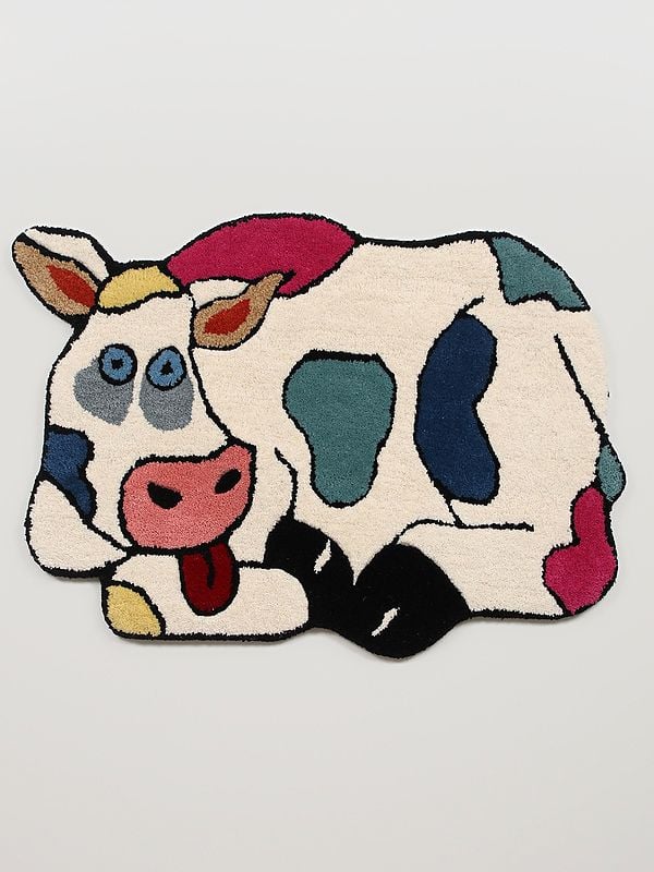 exotic india White Woolen Rug with Color Spotted Cow Hand-tufted Shaped 