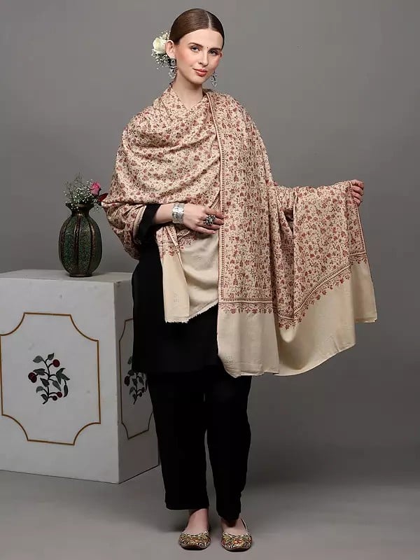 Exotic India Whitecap-Gray Pure Pashmina Shawl With Sozni Hand-Embroidered Leaf Vines In Multicolor Thread 
